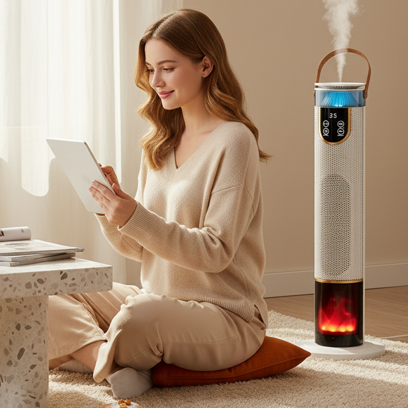 🔥💧2000W värmare för snabb uppvärmning och befuktning! 3D-flammatmosfär | Vidvinkelvärme | Fjärrkontroll och pekskärm | Säkert tippskydd ✅