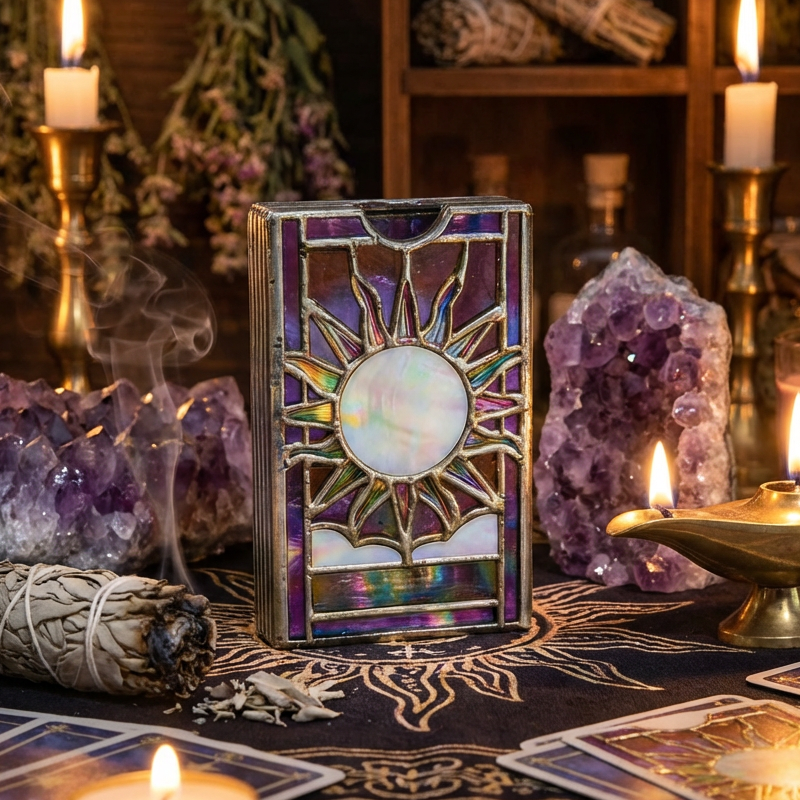 🌈🔮Mystical Iridescent Tarot-Deck-Halter – Handgefertigtes Glasfenster-Box mit schillerndem Regenbogenfinish und heiligem Anzeigefenster!