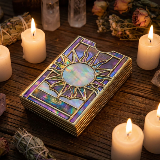 🌈🔮Mystical Iridescent Tarot-Deck-Halter – Handgefertigtes Glasfenster-Box mit schillerndem Regenbogenfinish und heiligem Anzeigefenster!