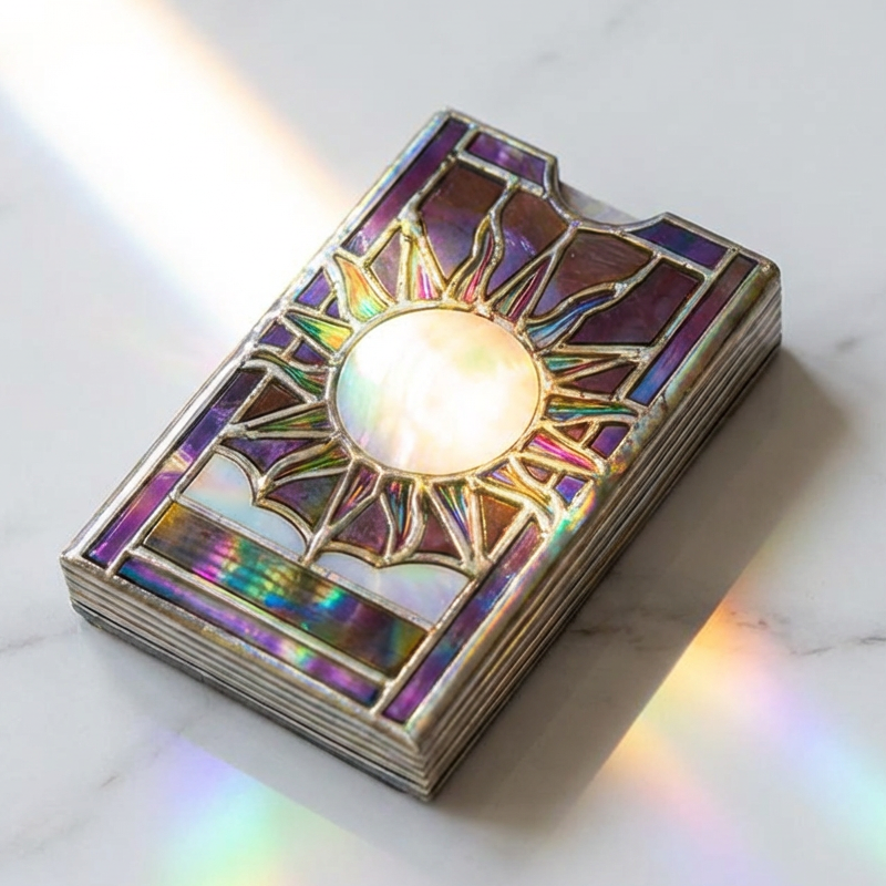 🌈🔮Mystical Iridescent Tarot-Deck-Halter – Handgefertigtes Glasfenster-Box mit schillerndem Regenbogenfinish und heiligem Anzeigefenster!