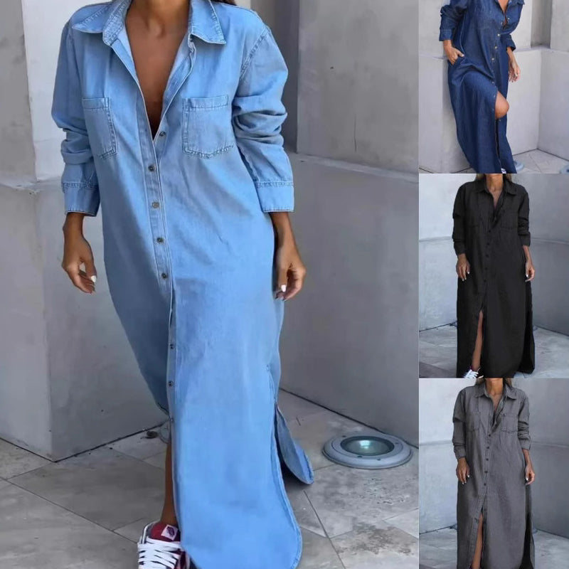Damenhemdkleid aus schlammfarbenem Denim mit Knöpfen