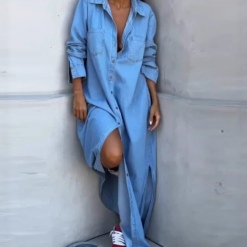Damenhemdkleid aus schlammfarbenem Denim mit Knöpfen