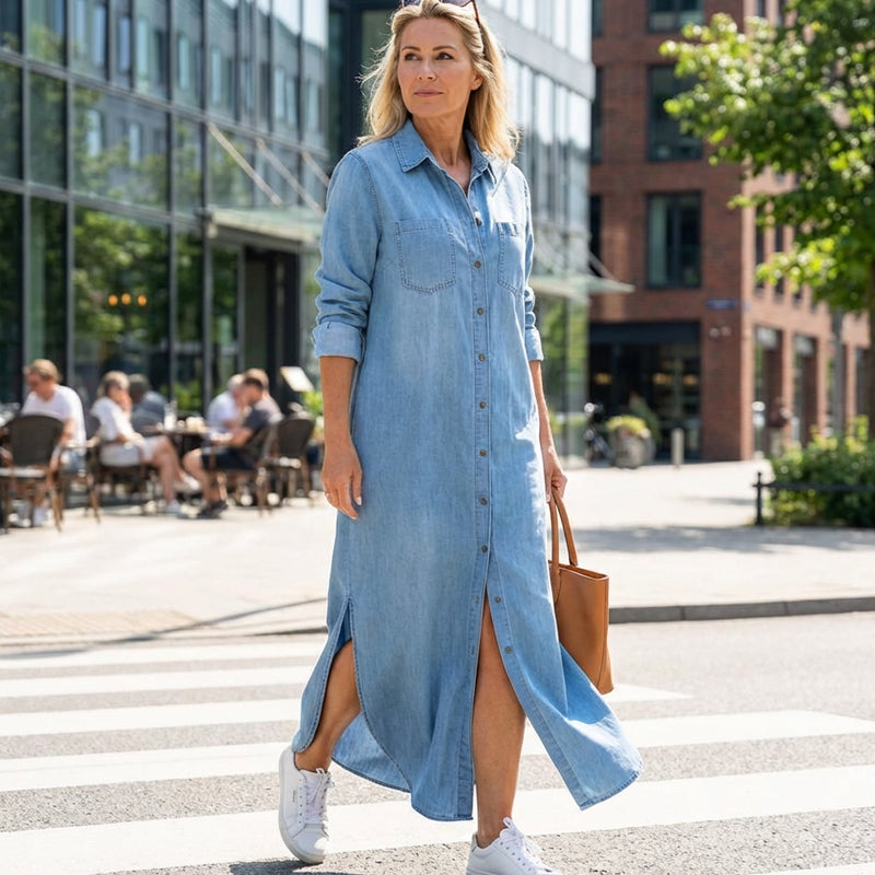 Damenhemdkleid aus schlammfarbenem Denim mit Knöpfen