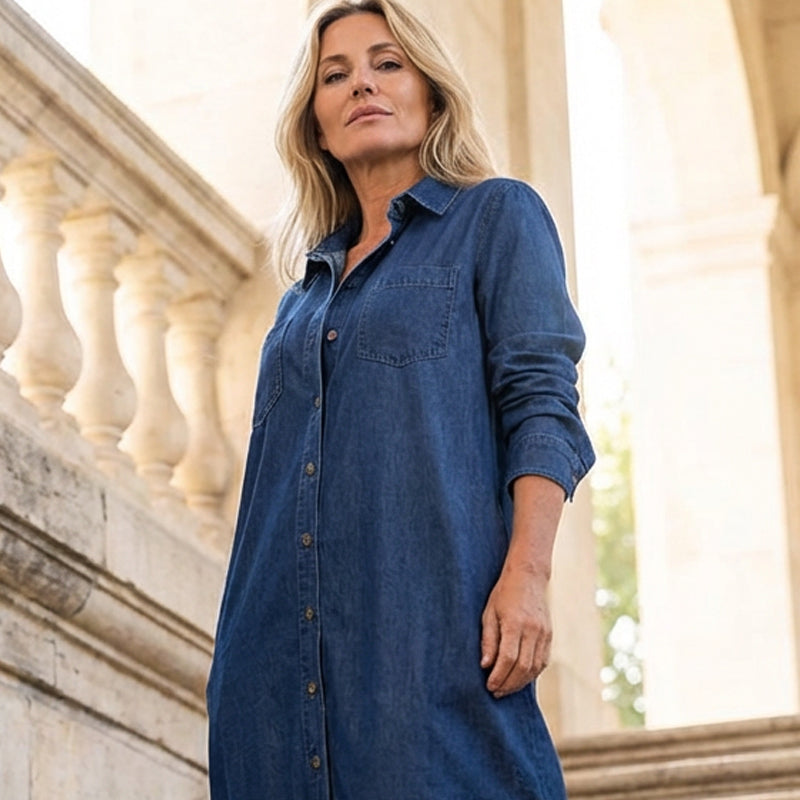 Damenhemdkleid aus schlammfarbenem Denim mit Knöpfen