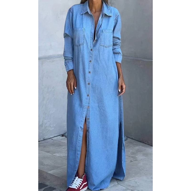 Damenhemdkleid aus schlammfarbenem Denim mit Knöpfen
