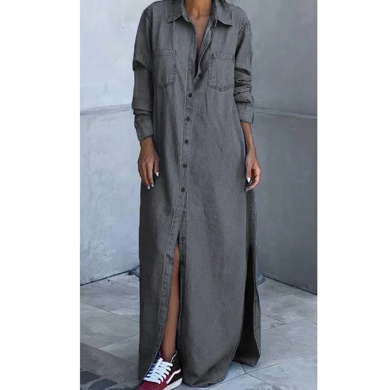 Damenhemdkleid aus schlammfarbenem Denim mit Knöpfen