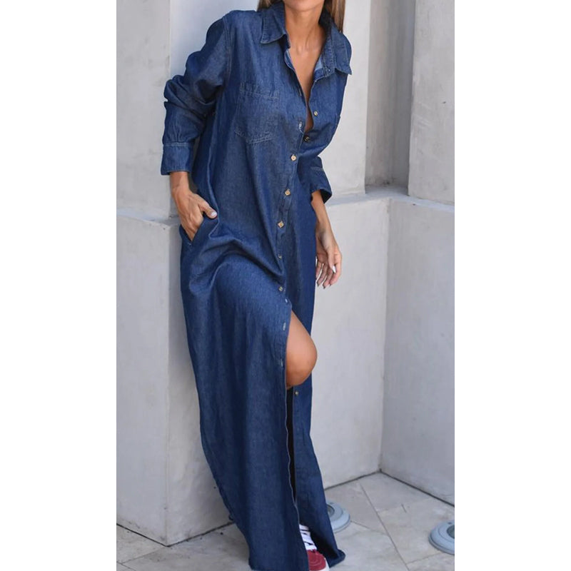 Damenhemdkleid aus schlammfarbenem Denim mit Knöpfen