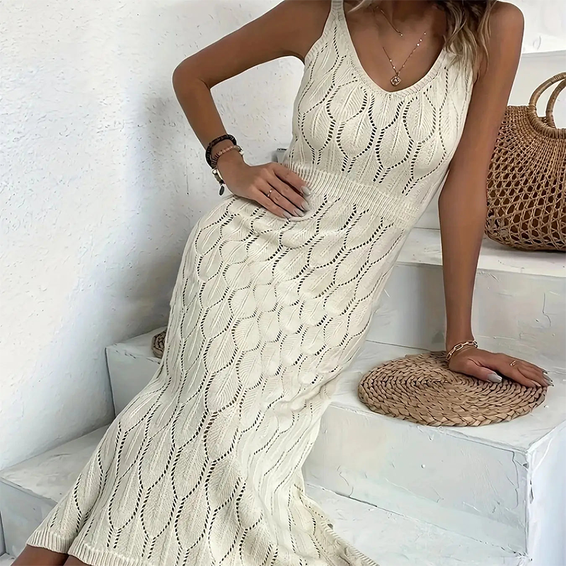 🎁Neu eingetroffen – 50 % reduziert!💥 Elegantes Lochmuster-Strickkleid mit V-Ausschnitt