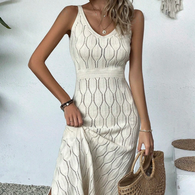 🎁Neu eingetroffen – 50 % reduziert!💥 Elegantes Lochmuster-Strickkleid mit V-Ausschnitt